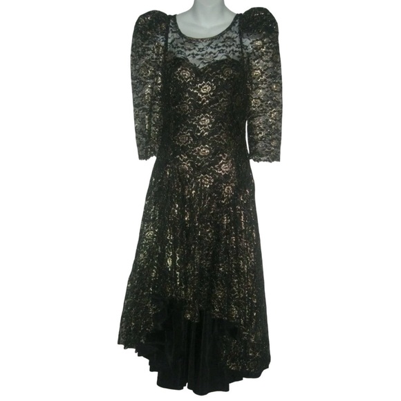 Vintage 80s Nem's Dress Gothic Black & Gold Metallic Lace Wedding Goth ALT egirl - Picture 2 of 12